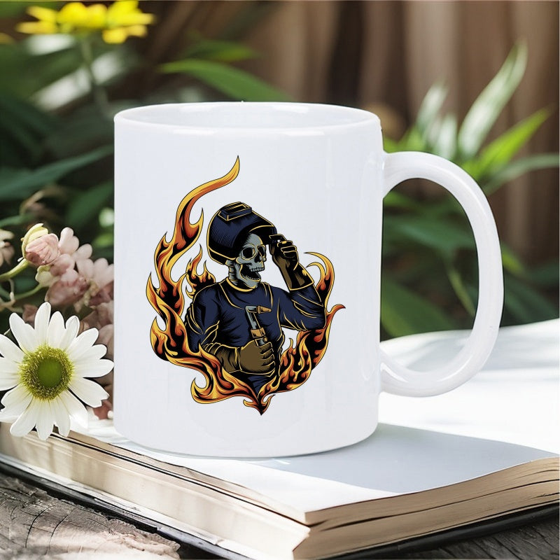 Tailorly White Ceramic 11 oz Mug - Intense Orange Flames Surrounding A Skeletal Mask Wearing Welder