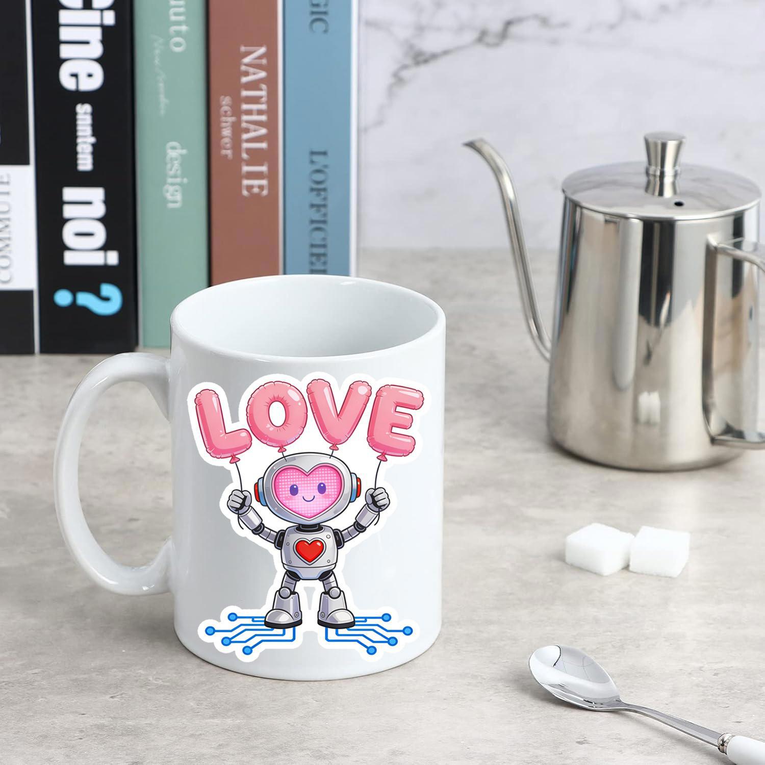 Tailorly White Ceramic 11 oz Mug - Love Cute Small Mechanical Robot Holding Pink Balloons Forming Heart Shaped Letters Robot