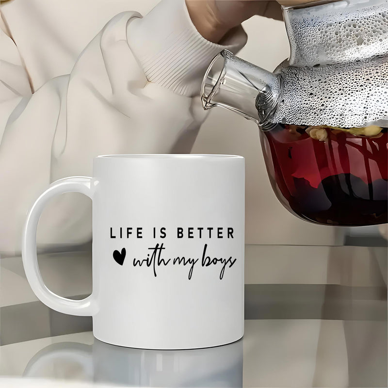 Tailorly White Ceramic 11 oz Mug - Life Is Better With My Boys Simple Solid Black Heart Icon Centered On Clean Ceramic Mug