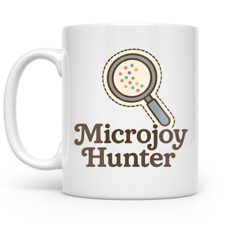 Tailorly White Ceramic 11 oz Mug - Microjoy Hunter Vintage Styled Magnifying Glass Exploring Tiny Colorful Vibrant Spotted Circles Magnifying Glass