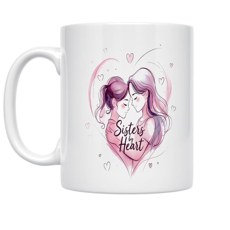 Tailorly White Ceramic 11 oz Mug - Sisters By Heart Two Elegant Hand Drawn Girls Inside A Pink Heart Shape Sisters