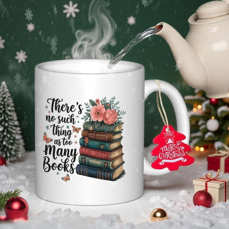 Tailorly White Ceramic 11 oz Mug - There Is No Such Thing As Too Many Books Stacked Vintage Literature Books Featuring Delicate Pink Floral Blossoms And Tiny