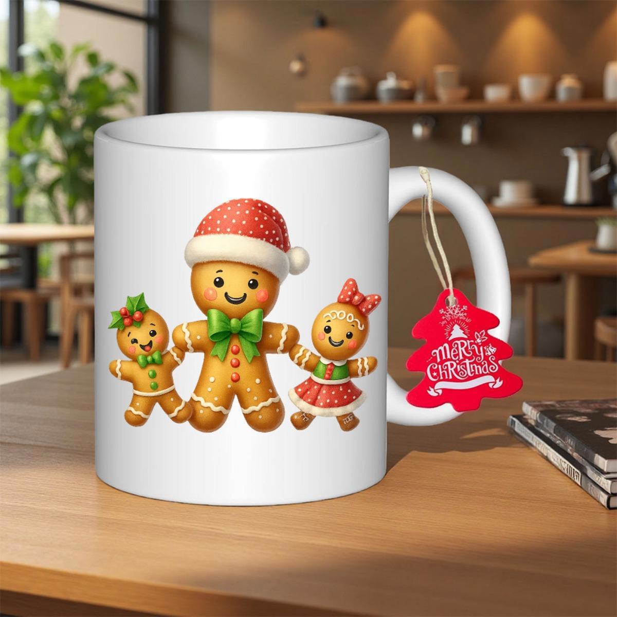 Tailorly White Ceramic 11 oz Mug - Merry Christmas Festive Family Of Smiling Gingerbread Cookies Wearing Red Santa Hats Gingerbread Family