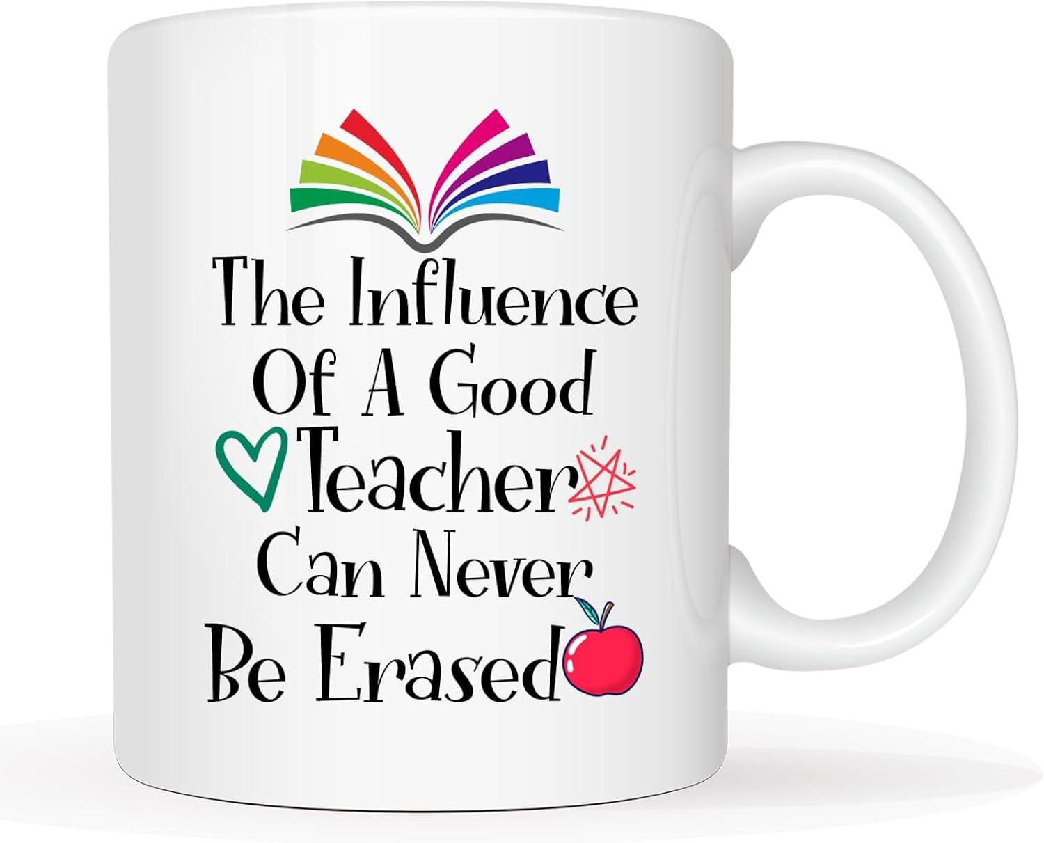 Tailorly White Ceramic 11 oz Mug - The Influence Of A Good Teacher Can Never Be Erased Vibrant Colorful Book With Green Heart And Sweet Apple Mug