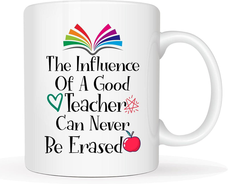 Tailorly White Ceramic 11 oz Mug - The Influence Of A Good Teacher Can Never Be Erased Vibrant Colorful Book With Green Heart And Sweet Apple Mug