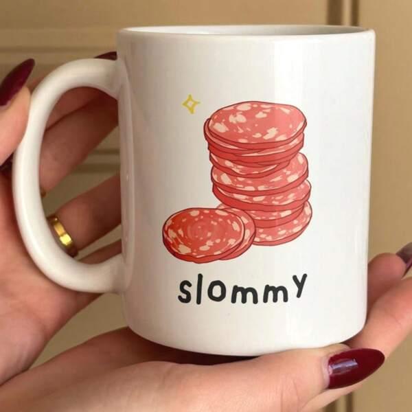 Tailorly White Ceramic 11 oz Mug - Slommy Hand Drawn Stacked Red Meat Slices Featuring A Small Golden Star Salami