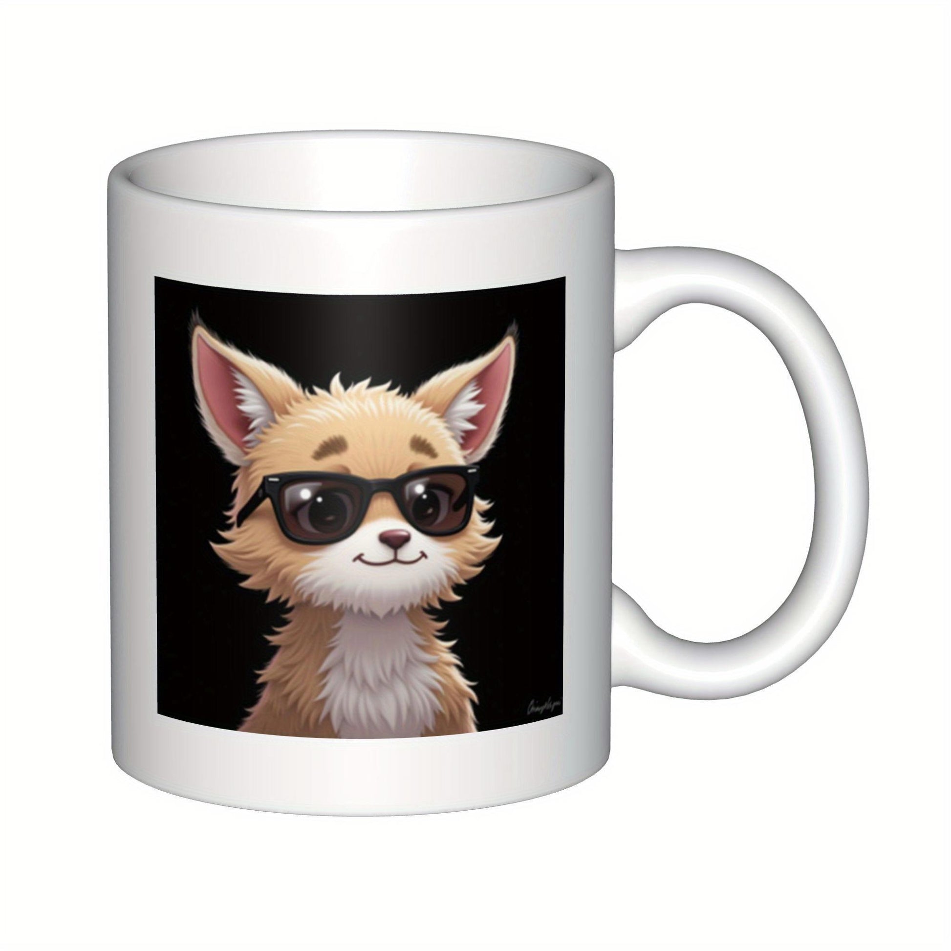 Tailorly White Ceramic 11 oz Mug - Adorable Fluffy Cartoon Fox Wearing Black Sunglasses Against Dark Background Fox