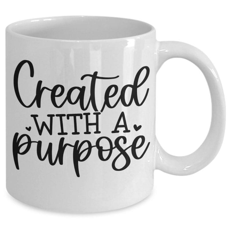 Tailorly White Ceramic 11 oz Mug - Created With A Purpose Minimalist Black Script Typography Surrounded By Tiny Hearts On