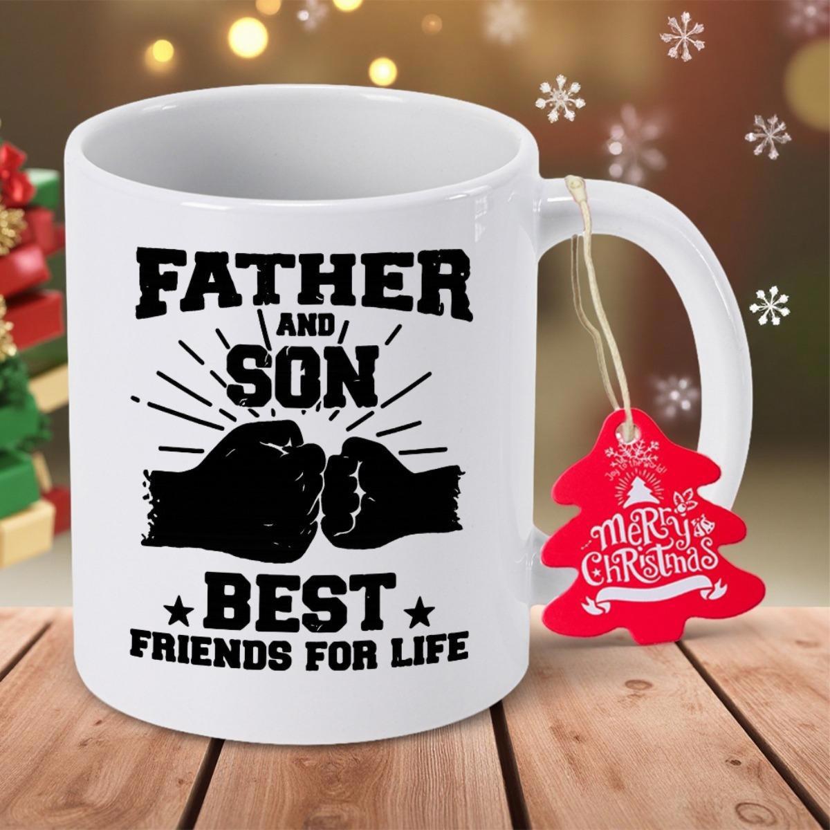 Tailorly White Ceramic 11 oz Mug - Father And Son Best Friends For Life Strong Silhouette Depicting Bonding Connection Between Adult And Little Child Fist