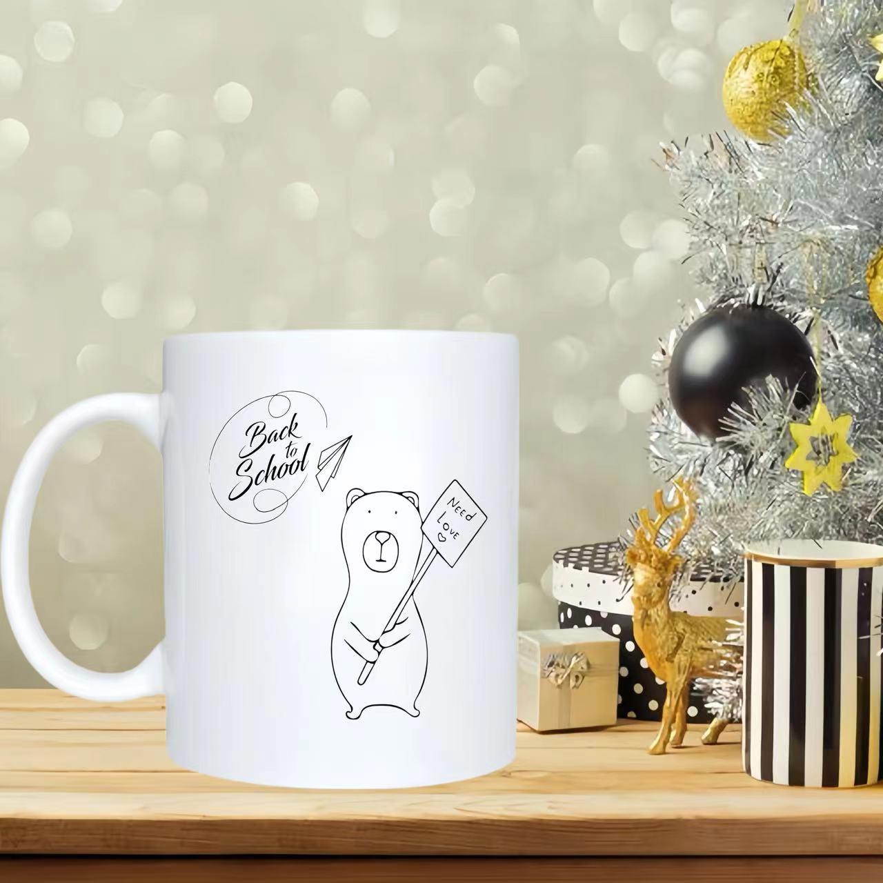 Tailorly White Ceramic 11 oz Mug - Back To School I Miss You Minimalist Hand Drawn Sketch With A Small Paper Airplane Holding A Sign Bear