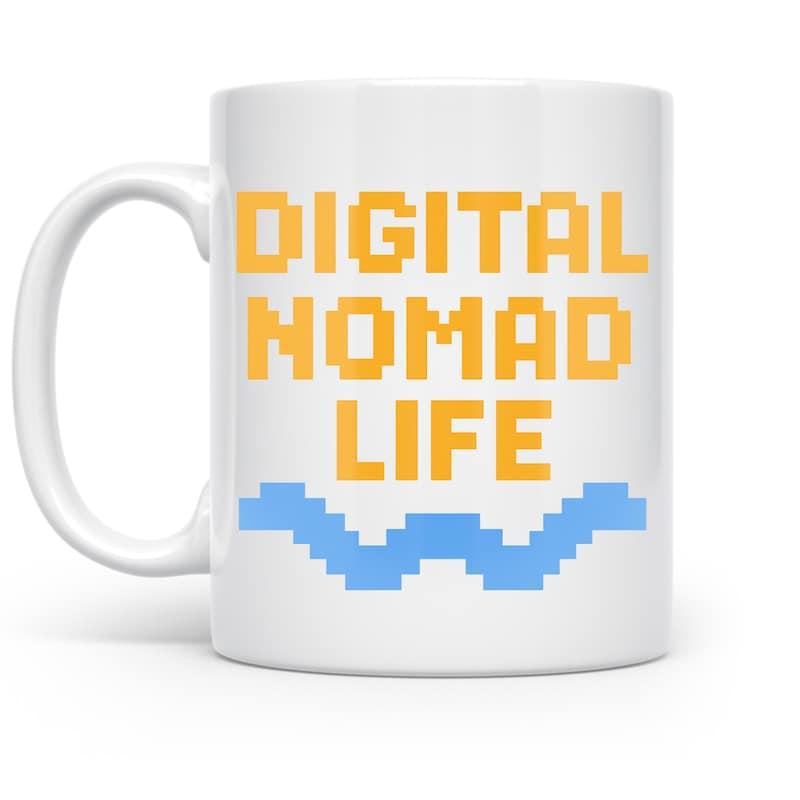 Tailorly White Ceramic 11 oz Mug - Digital Nomad Life Retro Yellow Pixelated Text Above Minimalist Blue Water Wave