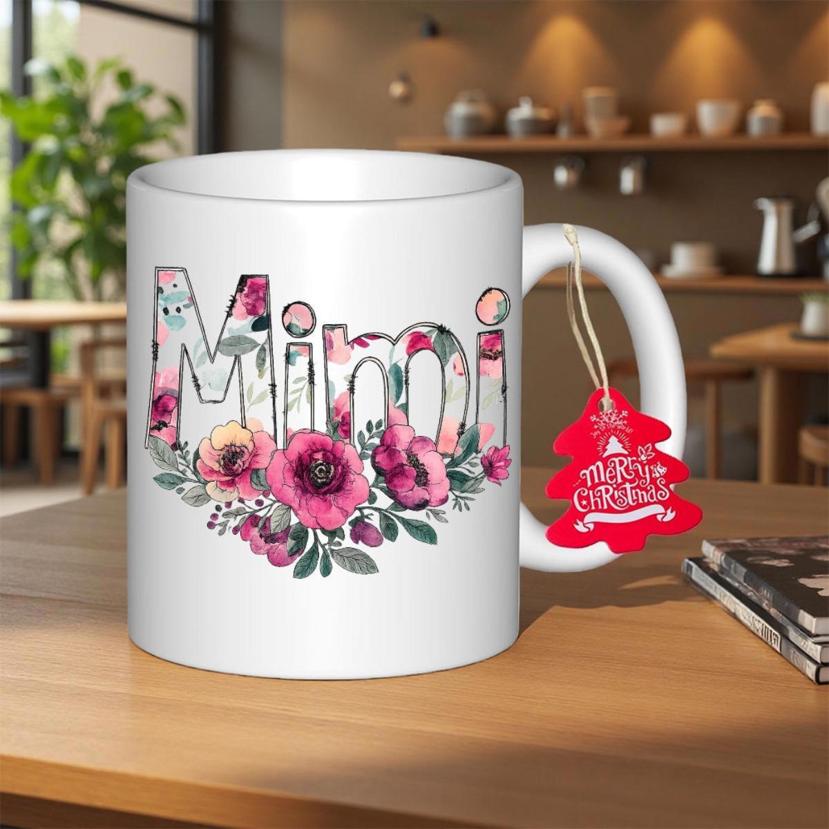 Tailorly White Ceramic 11 oz Mug - Mimi Merry Christmas Elegant Pink Flowers Blooming Inside Stylized Lettering Among Green Foliage Flower