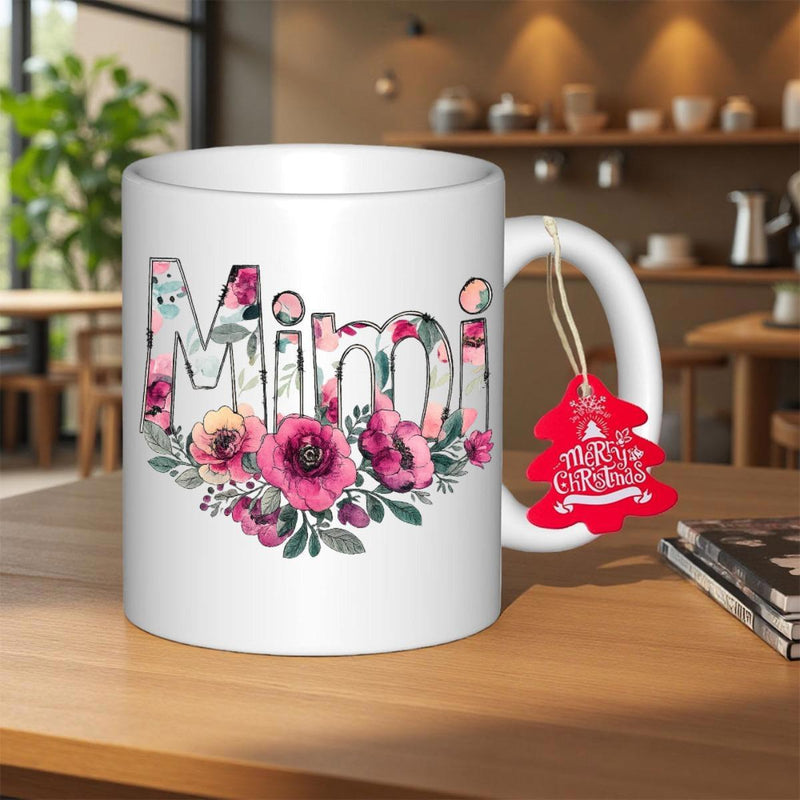 Tailorly White Ceramic 11 oz Mug - Mimi Merry Christmas Elegant Pink Flowers Blooming Inside Stylized Lettering Among Green Foliage Flower
