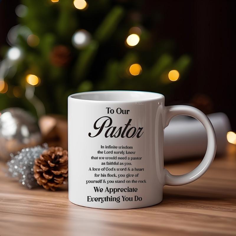 Tailorly White Ceramic 11 oz Mug - To Our Pastor We Appreciate Everything You Do Smooth White Ceramic Resting On Wooden Surface With Festive Ornaments Mug