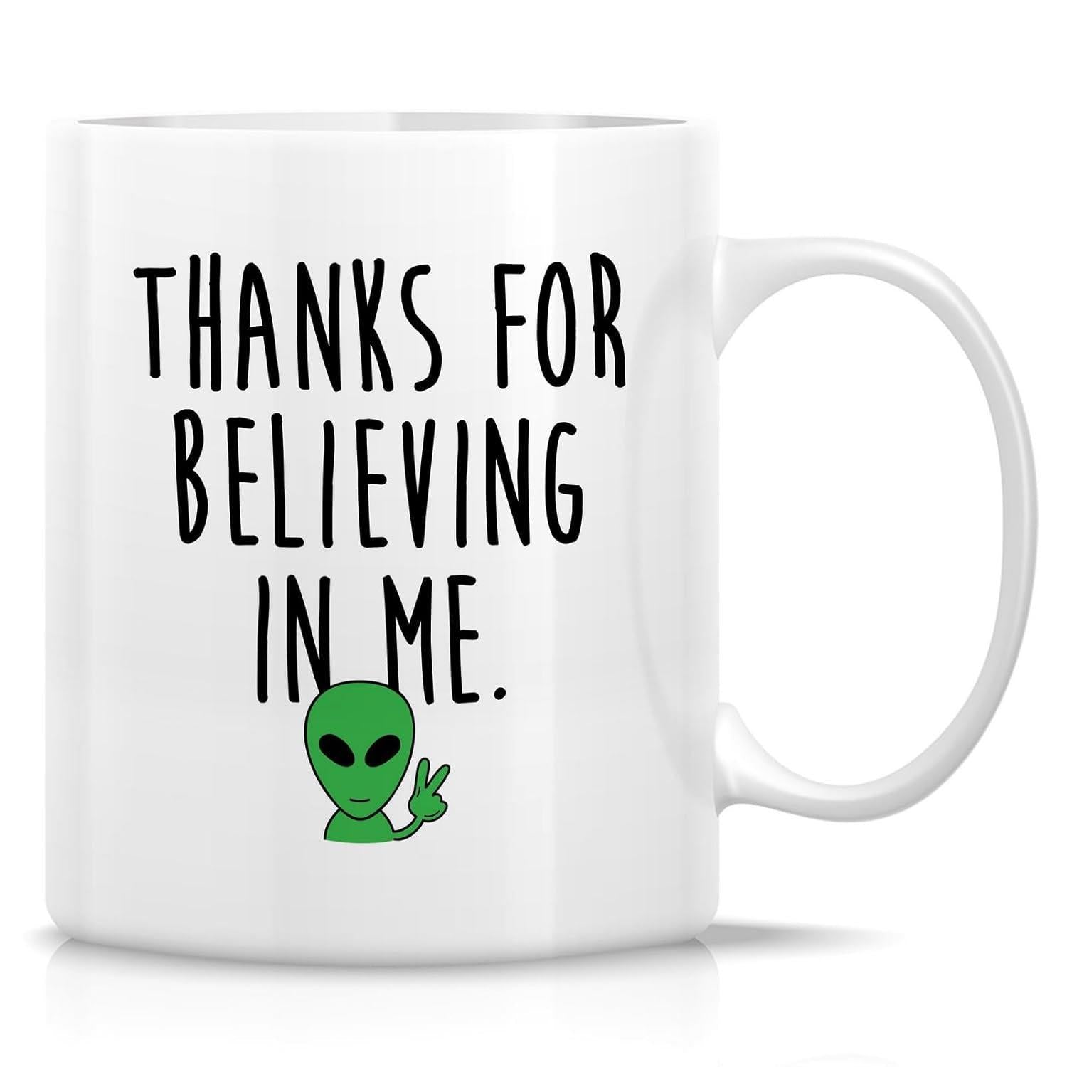 Tailorly White Ceramic 11 oz Mug - Thanks For Believing In Me Small Friendly Green Alien Gesturing Peace Sign Under Minimalist Design Alien