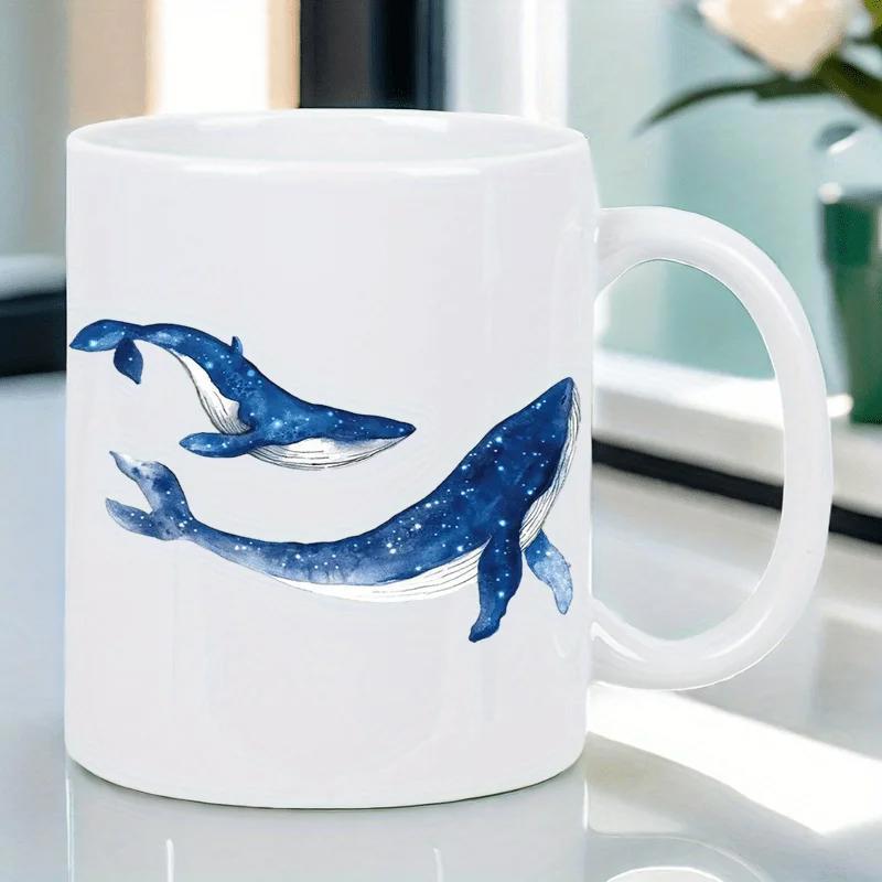 Tailorly White Ceramic 11 oz Mug - Graceful Blue Watercolor Whales Swimming Through A Celestial Starry Ocean Depths Whale