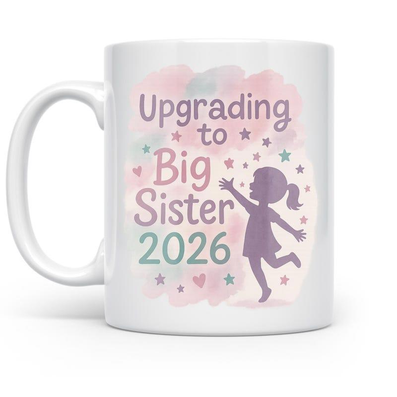 Tailorly White Ceramic 11 oz Mug - Upgrading To Big Sister 2026 Playful Child Silhouette Jumping Among Colorful Stars And Soft Watercolor Hearts Girl