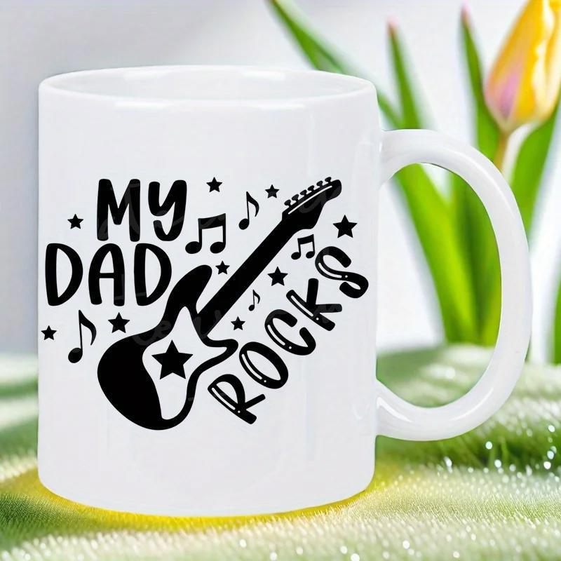 Tailorly White Ceramic 11 oz Mug - My Dad Rocks Bold Black Electric Silhouette Surrounded By Stars And Musical Notes Guitar