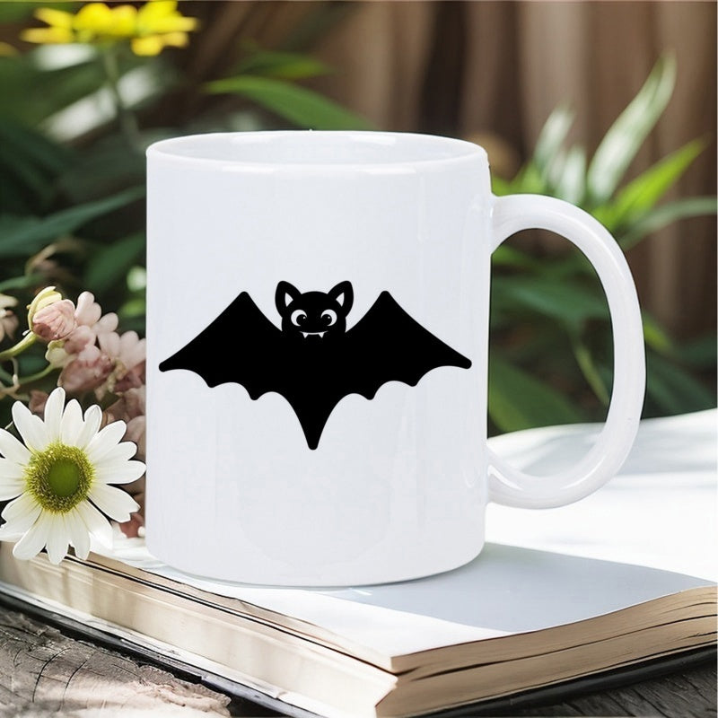 Tailorly White Ceramic 11 oz Mug - Sleek Black Silhouette Of Flying Nocturnal Creature Spreading Its Wide Wings Bat