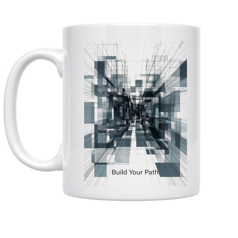 Tailorly White Ceramic 11 oz Mug - Build Your Path Abstract Three Dimensional Blue Geometric Blocks With Sharp Linear Perspective Depth Pattern