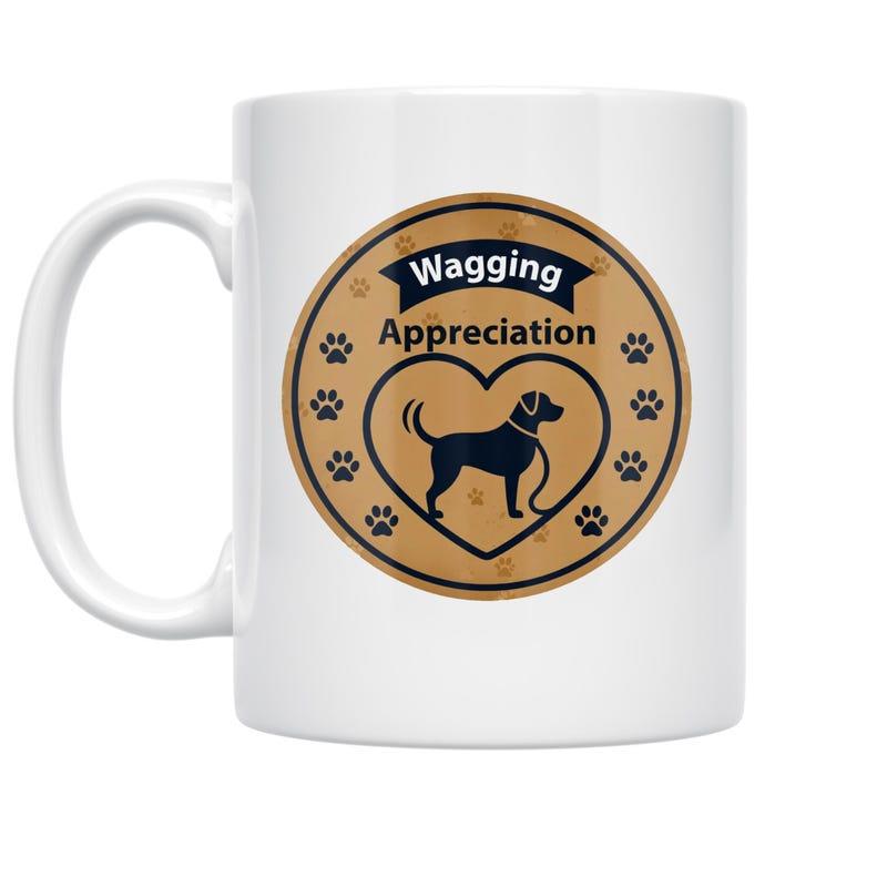 Tailorly White Ceramic 11 oz Mug - Wagging Appreciation Circular Badge Surrounded By Small Paw Prints Heart Dog