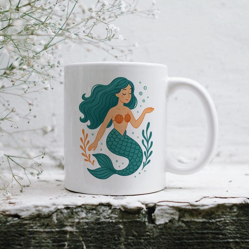 Tailorly White Ceramic 11 oz Mug - Magical Underwater Creature With Teal Hair Swimming Gracefully Between Sea Plants Mermaid