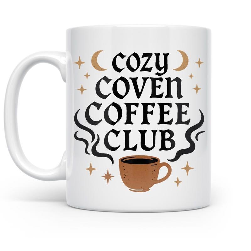 Tailorly White Ceramic 11 oz Mug - Cozy Coven Coffee Club Twinkling Stars And Golden Crescent Moons Rising Over A Warm Mug