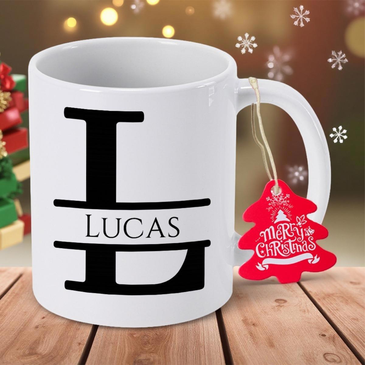 Tailorly White Ceramic 11 oz Mug - Lucas Merry Christmas Minimalist Monogram Graphic With Distinctive Split Lettering And Bold Lines Mug