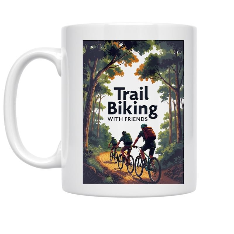 Tailorly White Ceramic 11 oz Mug - Trail Biking With Friends Sunlight Filtering Through Dense Trees Over Winding Dirt Mountain Path Cyclists