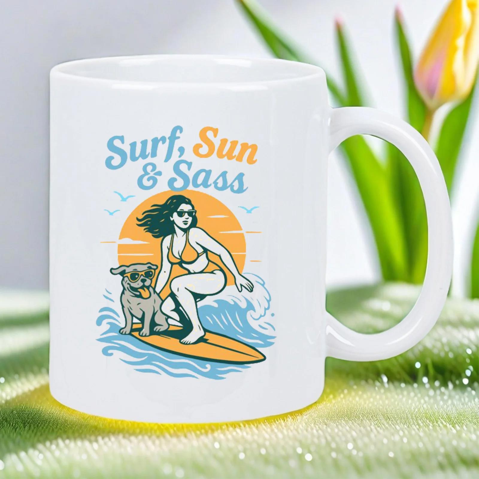 Tailorly White Ceramic 11 oz Mug - Surf Sun Sass Vintage Style Woman Surfing With Dog On Waves Under Orange Sun Surfer