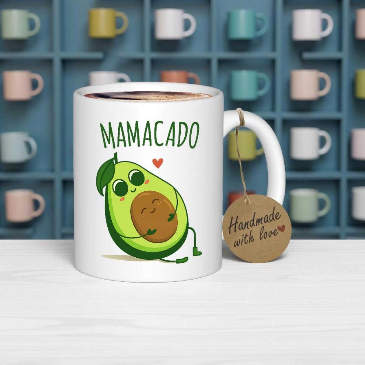 Tailorly White Ceramic 11 oz Mug - Mamacado Cute Cartoon Pregnant Character With Heart And Playful Green Expressions Avocado