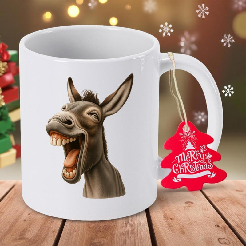Tailorly White Ceramic 11 oz Mug - Merry Christmas Funny Laughing Animal Head Showing Teeth And Tongue In Expressive Joyful Donkey