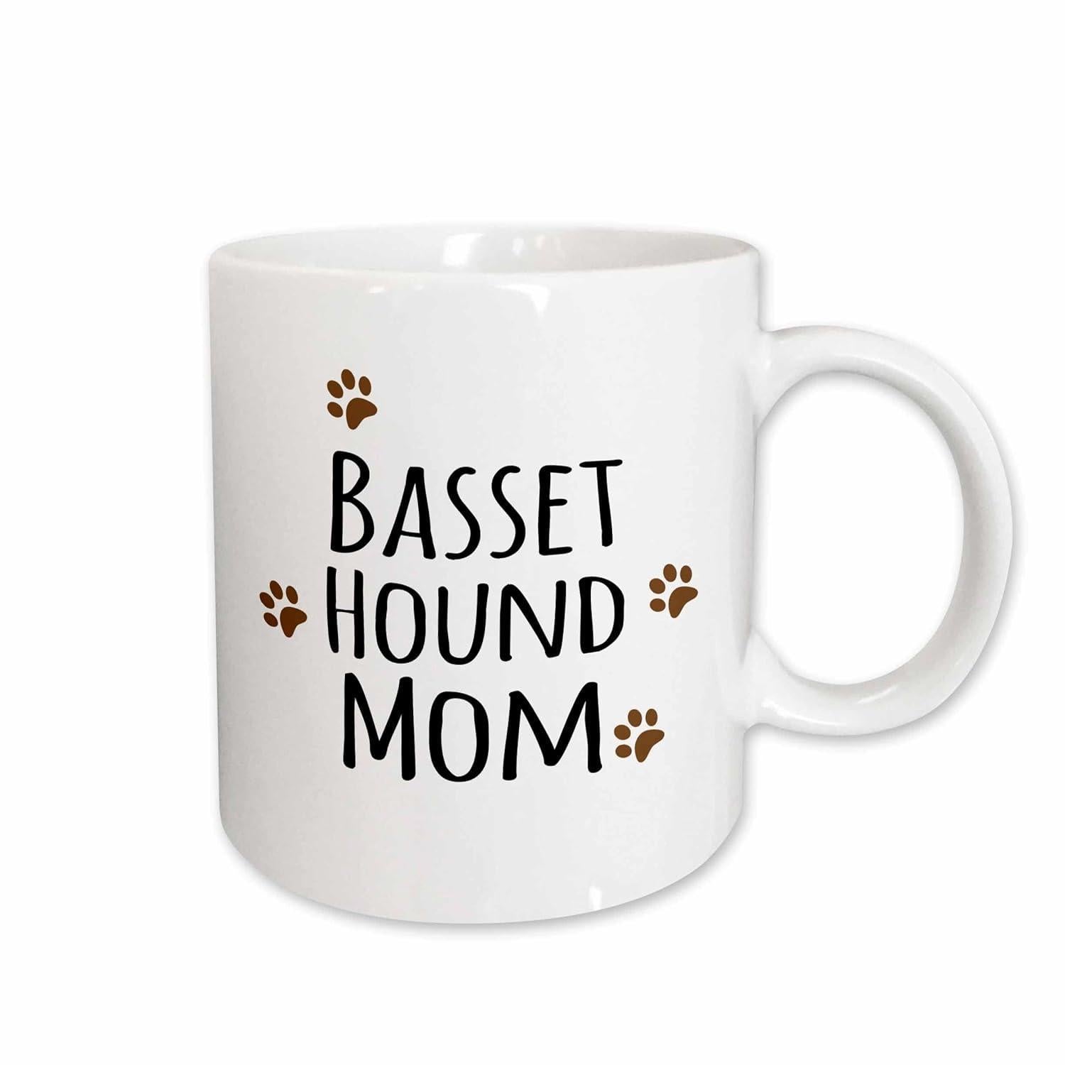 Tailorly White Ceramic 11 oz Mug - Basset Hound Mom Artistic Handwritten Script Surrounded By Small Brown Paw Prints Mug