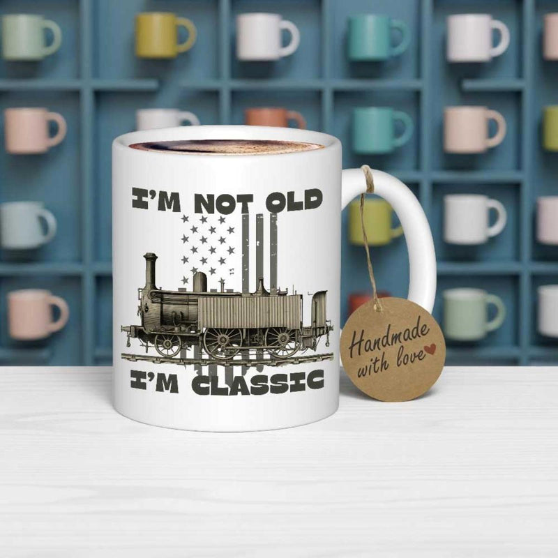 Tailorly White Ceramic 11 oz Mug - Im Not Old Im Classic Vintage Steam Engine Moving Fast On Railroad Under Starry Flag Backdrop Locomotive