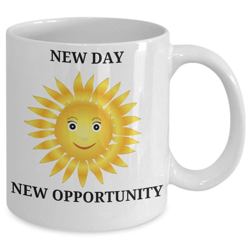 Tailorly White Ceramic 11 oz Mug - New Day New Opportunity Bright Radiant Smiling Cartoon Face Glowing Among Sharp Yellow Rays Of Light Sun