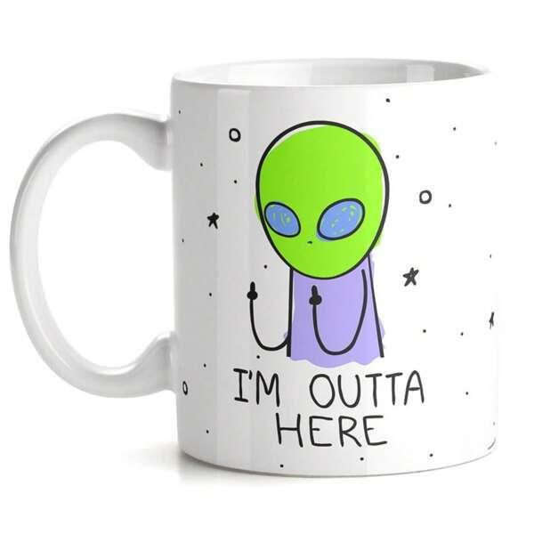 Tailorly White Ceramic 11 oz Mug - Im Outta Here Cartoon Green Alien Surrounded By Floating Stars Gesturing Middle Finger Alien