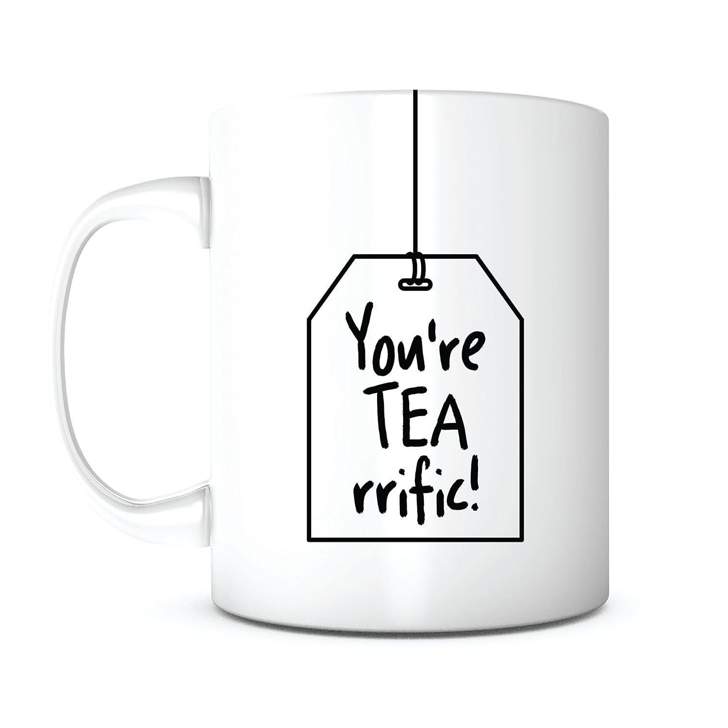 Tailorly White Ceramic 11 oz Mug - Youre Tea Rrific Hanging Tea Bag Label With Minimalist Black Ink Line Illustration Mug