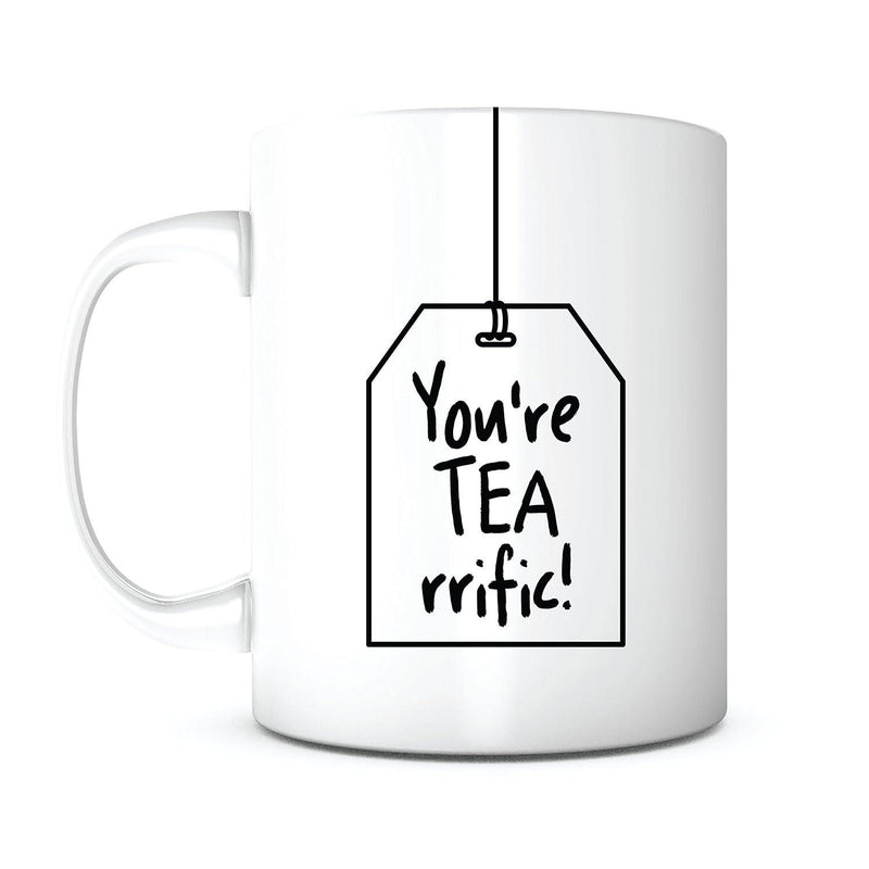 Tailorly White Ceramic 11 oz Mug - Youre Tea Rrific Hanging Tea Bag Label With Minimalist Black Ink Line Illustration Mug