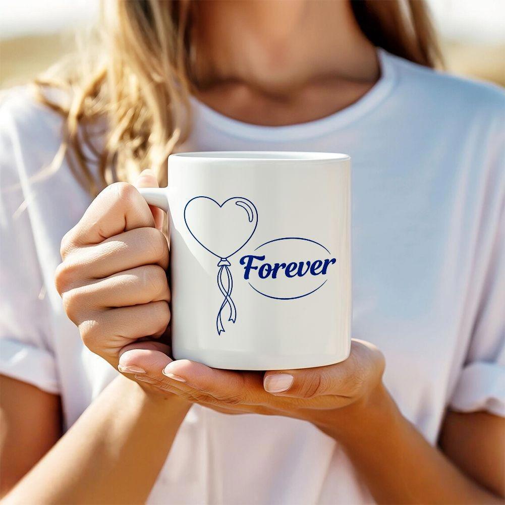 Tailorly White Ceramic 11 oz Mug - Forever Minimalist Outline Drawing Of A Delicate Floating Balloon Tied With Ribbon Heart