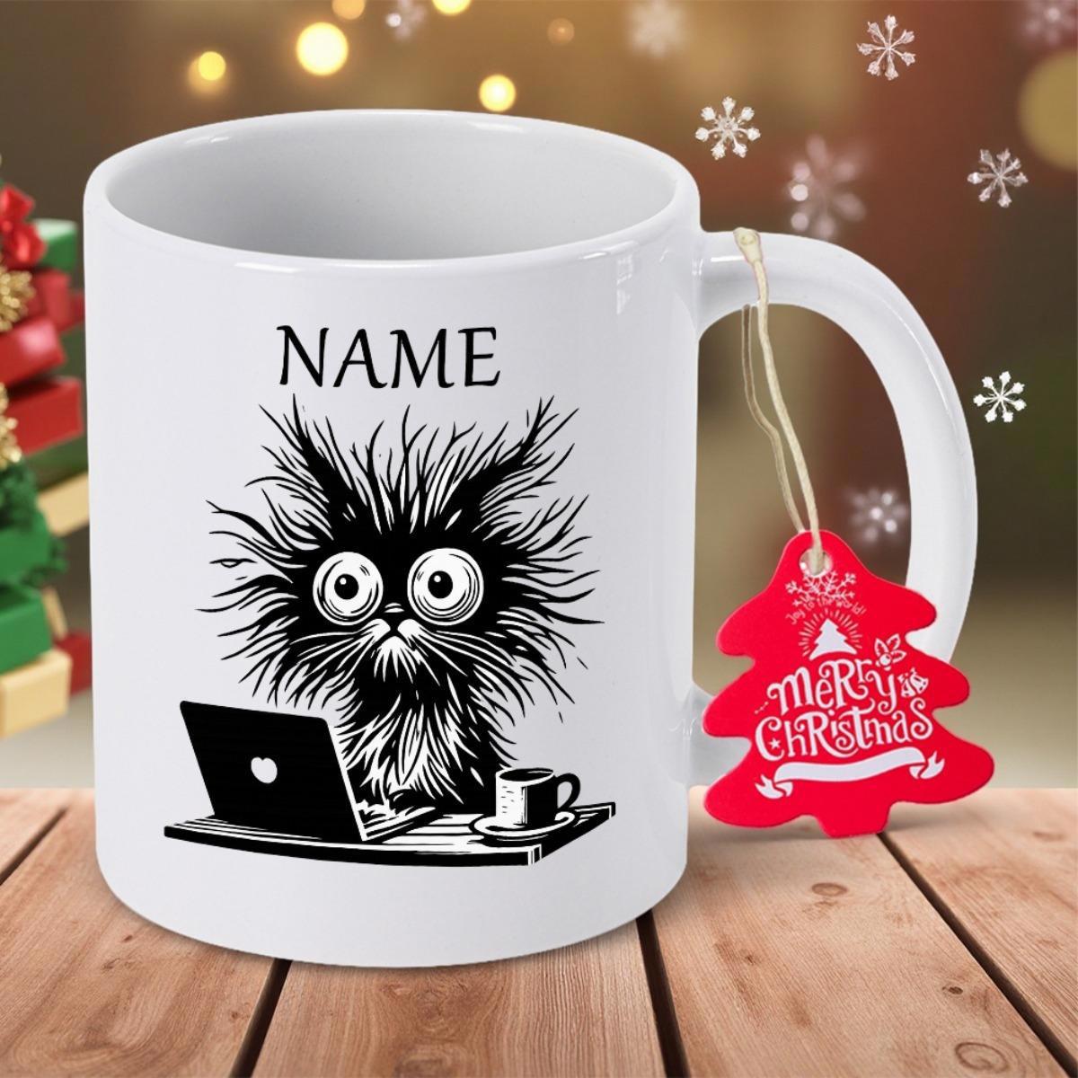 Tailorly White Ceramic 11 oz Mug - Name Exhausted Frizzy Black Feline Using Laptop In Front Of Coffee Cat