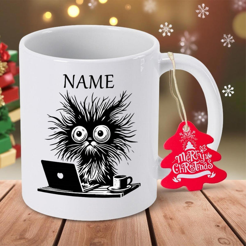 Tailorly White Ceramic 11 oz Mug - Name Exhausted Frizzy Black Feline Using Laptop In Front Of Coffee Cat
