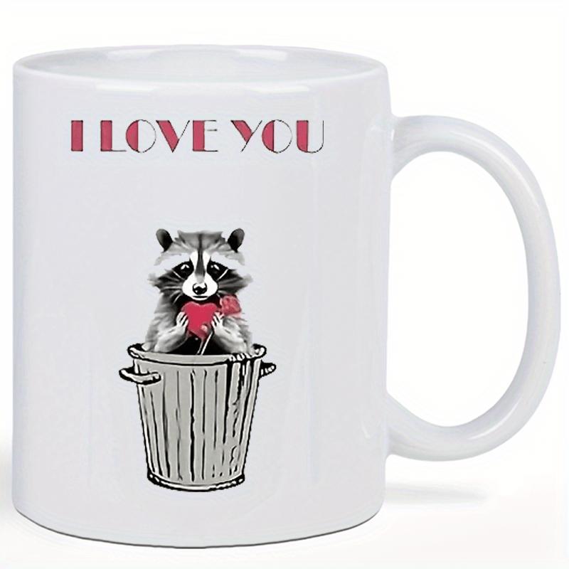 Tailorly White Ceramic 11 oz Mug - I Love You Charming Little Raccoon Peeking From Metal Trash Can Holding Red Heart Raccoon