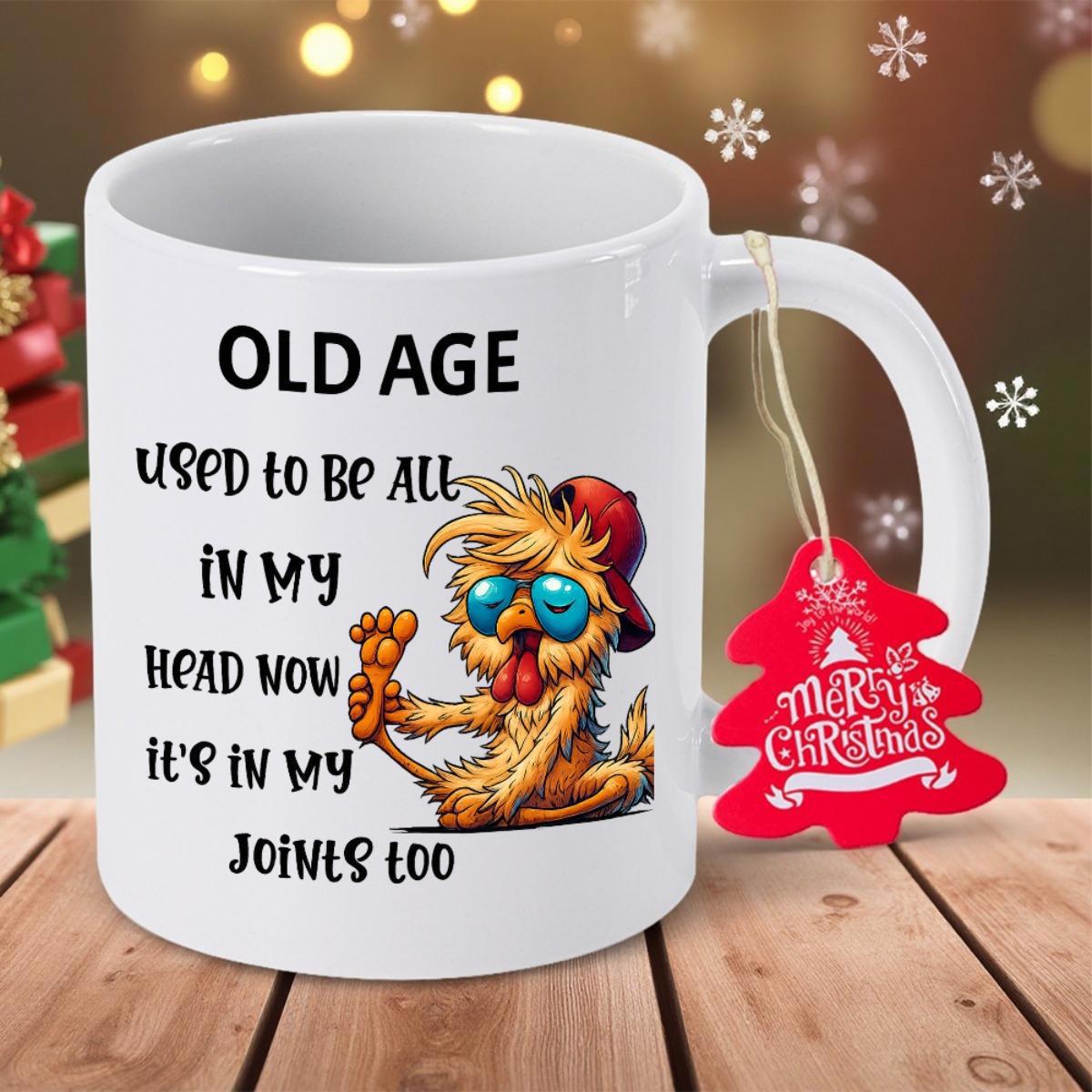 Tailorly White Ceramic 11 oz Mug - Old Age Used To Be All In My Head Now Its In My Joints Too Funky Cartoon Chicken Wearing Sunglasses And Red Baseball Cap Chicken