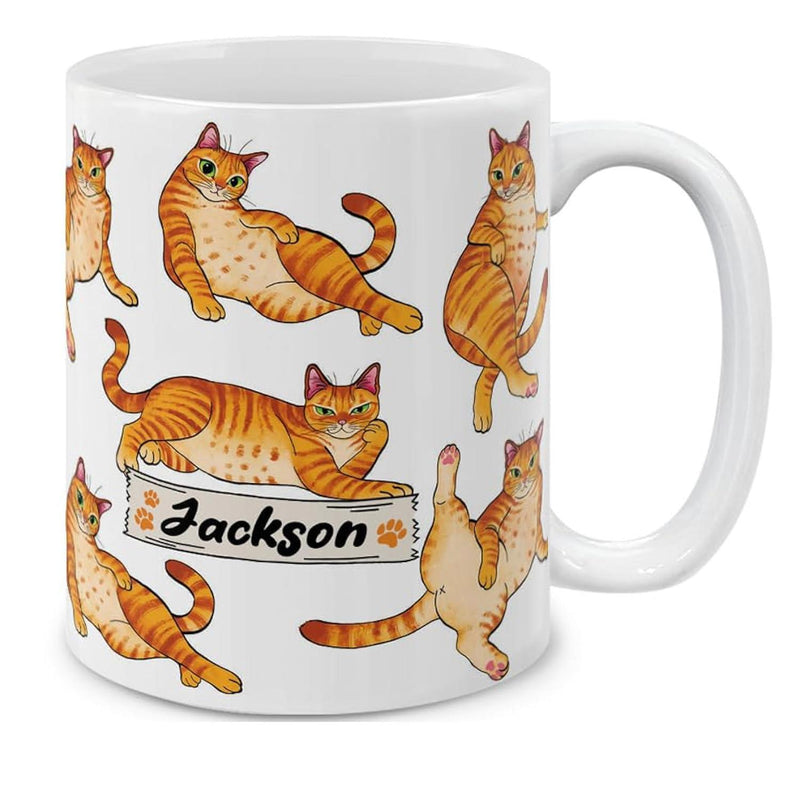 Tailorly White Ceramic 11 oz Mug - Jackson Playful Ginger Tabby Cats Lounging And Stretching Around A Decorative Banner Cat