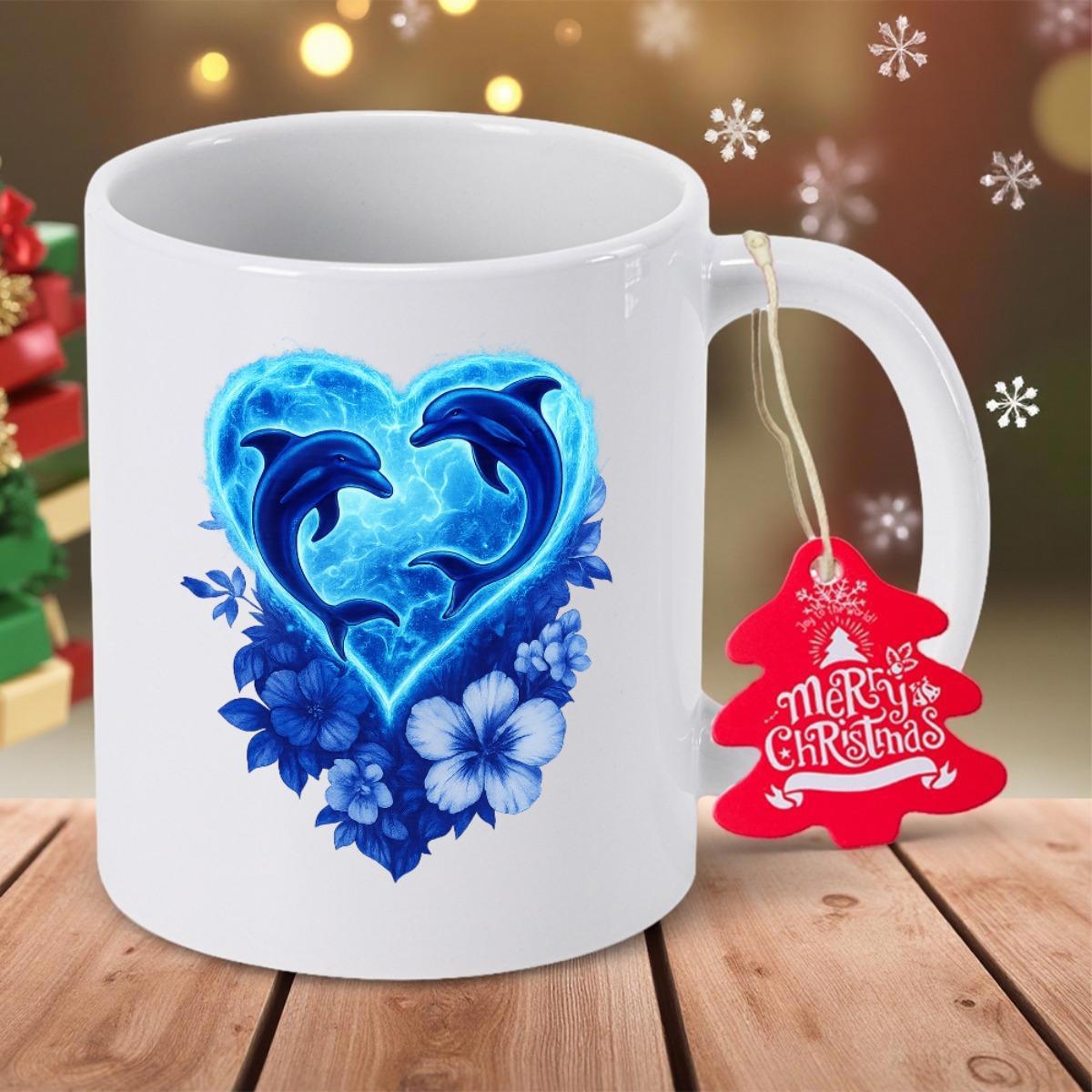 Tailorly White Ceramic 11 oz Mug - Merry Christmas Ethereal Blue Ocean Scene With Two Graceful Jumping Heart Shaped Dolphin