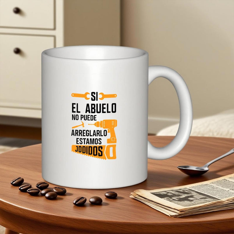 Tailorly White Ceramic 11 oz Mug - Industrial Repair Gear With Wrench And Power Drill Beside Woodworking Saw Tools