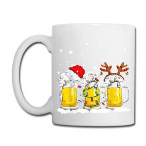 Tailorly White Ceramic 11 oz Mug - Festive Holiday Beer Glasses Wearing Santa Hat And Reindeer Antlers Mug
