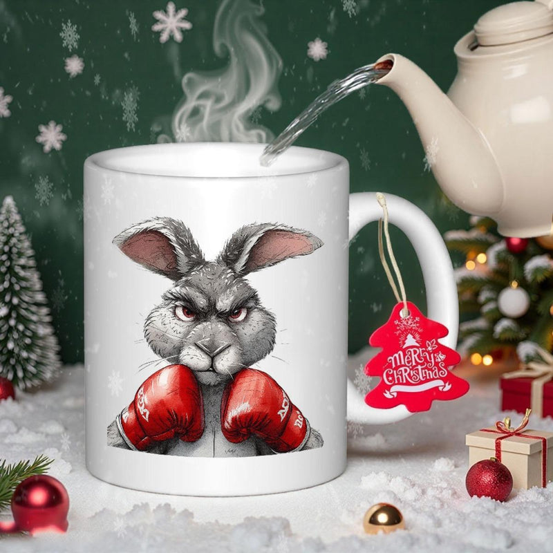 Tailorly White Ceramic 11 oz Mug - Determined Angry Grey Bunny Wearing Bold Red Boxing Gloves Rabbit