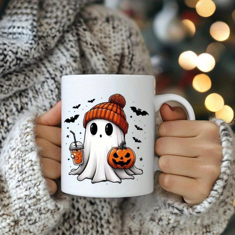 Tailorly White Ceramic 11 oz Mug - Spooky Halloween Spirit Wearing Orange Beanie Holding Pumpkin Among Flying Bats Ghost