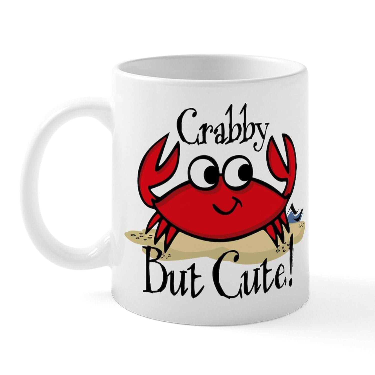 Tailorly White Ceramic 11 oz Mug - Crabby But Cute Smiling Red Cartoon Creature Resting Upon A Golden Sandy Beach Crab